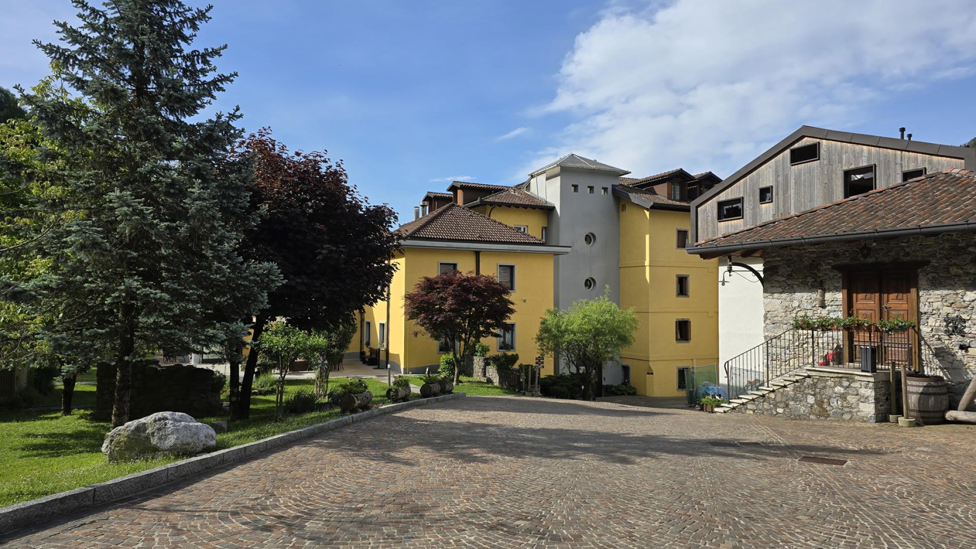 Cortile acciottolato con case colorate, alberi rigogliosi e cielo blu sereno.