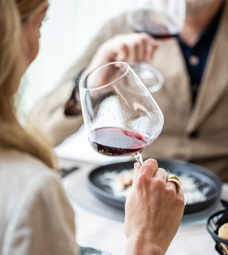 Due persone brindano con calici di vino rosso, atmosfera elegante e conviviale.